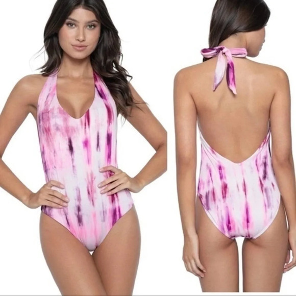 PQ Swim Spell Avery Tie Dye Pink Purple Halter One Piece Swimsuit Bikini Large - Picture 1 of 10